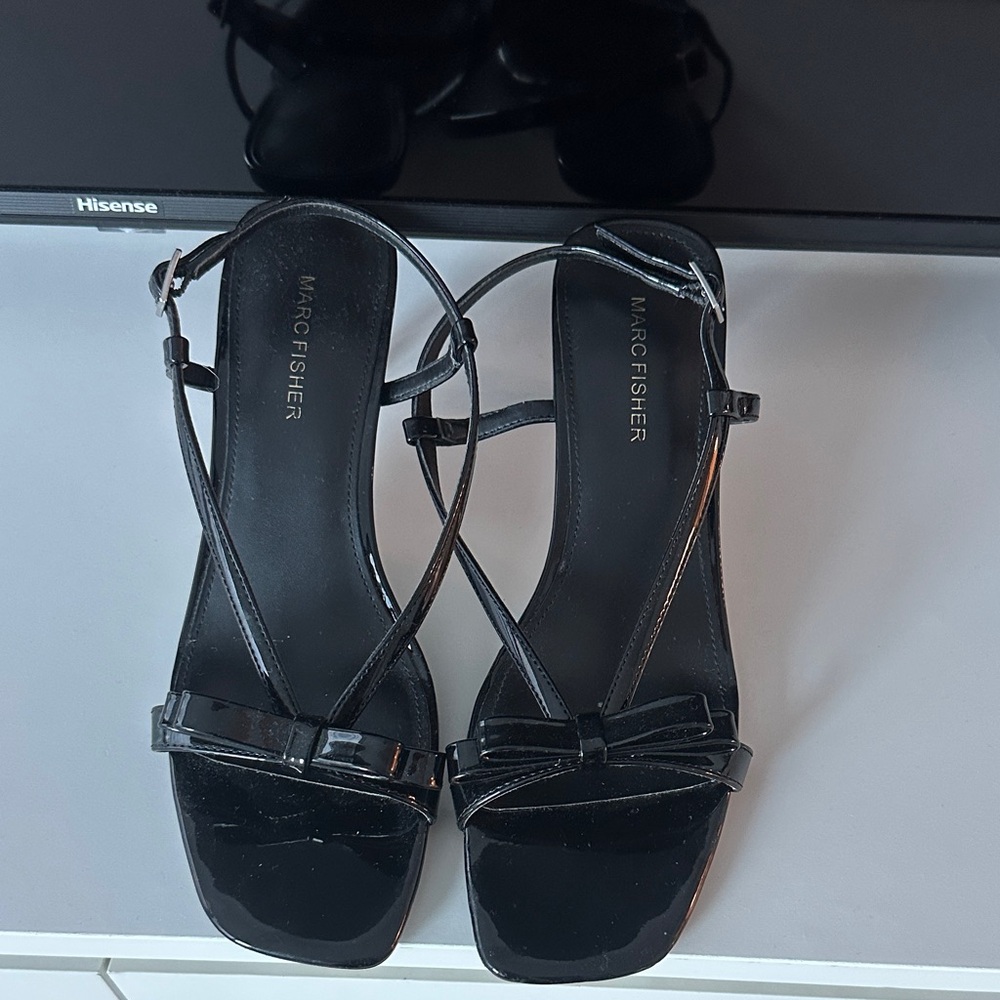 Marc Fisher Glossy Black Bow Sandals